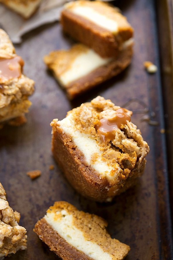 Delicious Caramel Pumpkin Cheesecake bars with a Streusel Topping