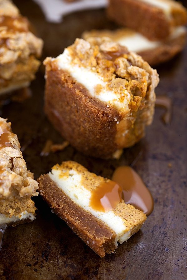 The best pumpkin cheesecake bars -- two layers like a cheesecake with pumpkin pie topping PLUS a delicious cinnamon crust and streusel! Top with caramel