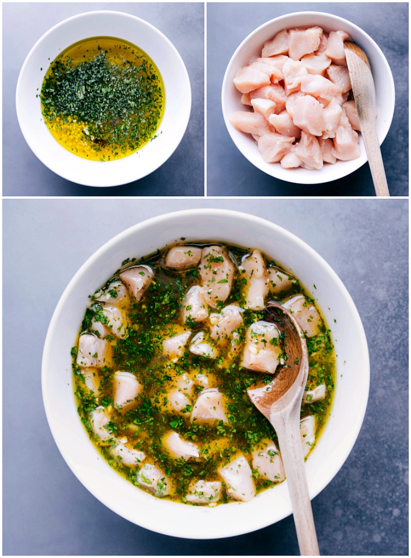 Image of the marinade being made; the chopped chicken being added to the marinade; and marinating chicken in a large bowl.