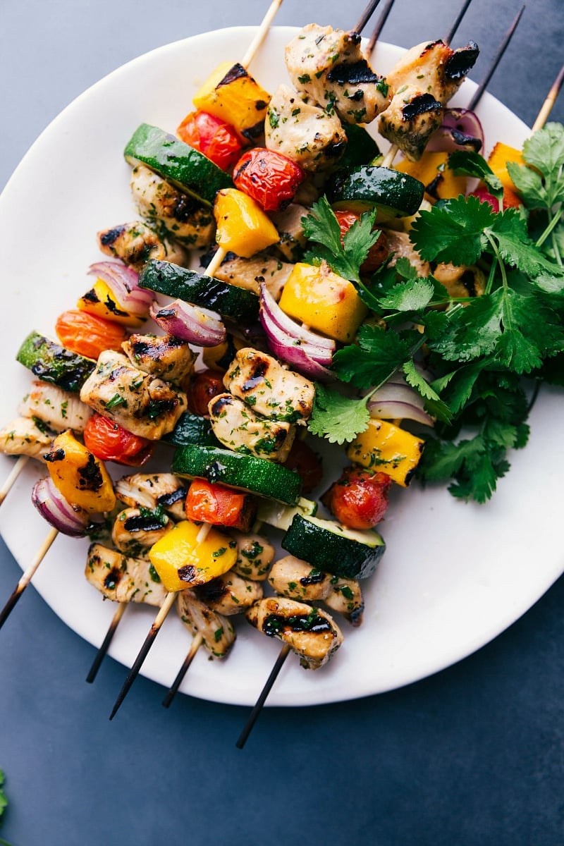 Overhead image of Chicken Kabobs on a plate, grilled, and ready to eat.