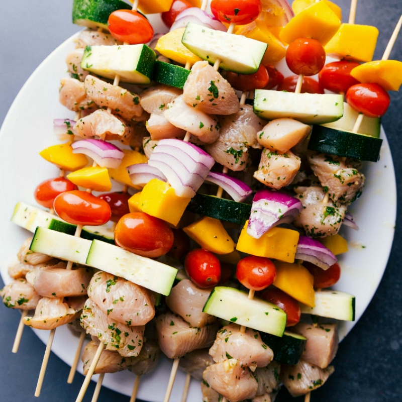 Overhead image of the uncooked Chicken Kabobs, ready to be grilled.