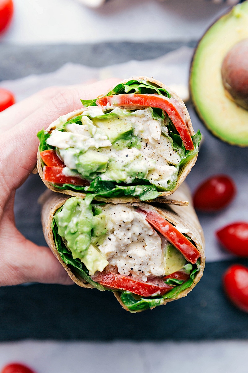 Overhead photo of a Chicken Salad Wrap cut open to show the interior.