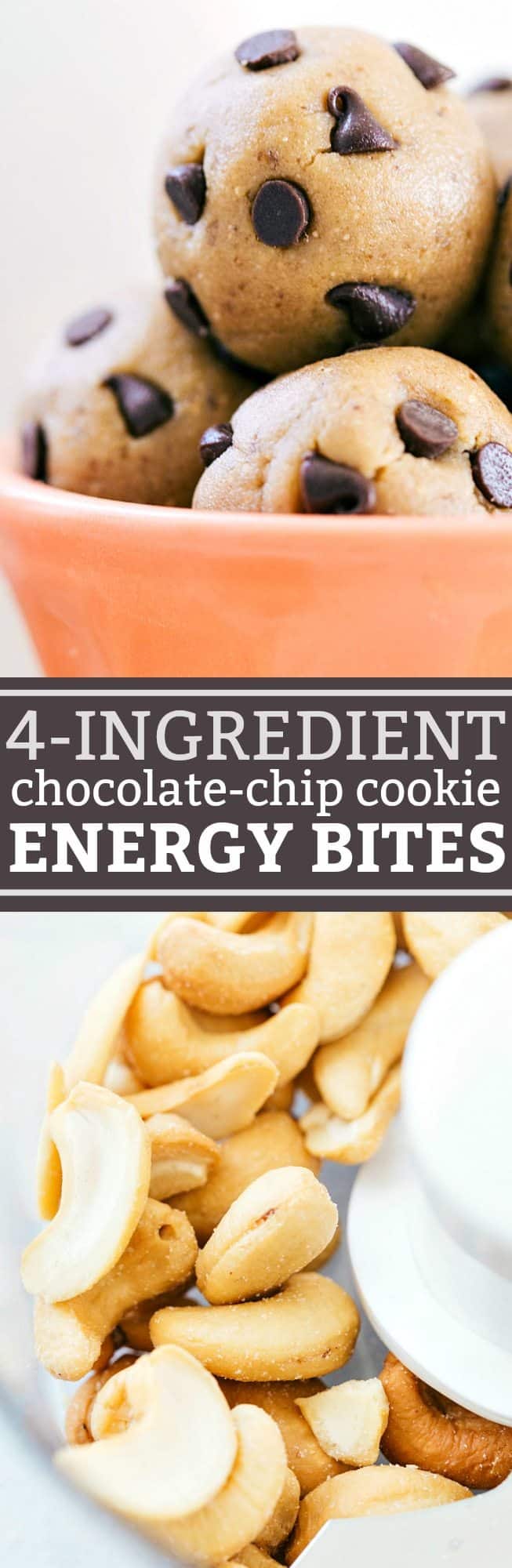 Only FOUR ingredients to make these amazing and secretly healthy chocolate-chip cookie flavored energy bites! Healthy and delicious! via chelseasmessyapron.com