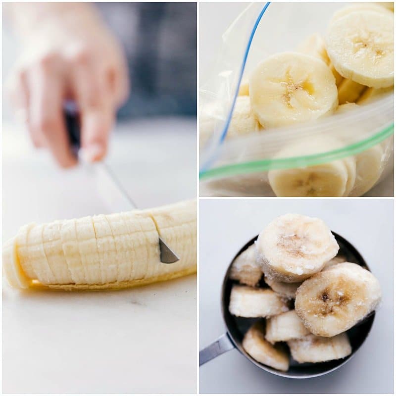 Bananas being sliced and placed into a bag for freezing.