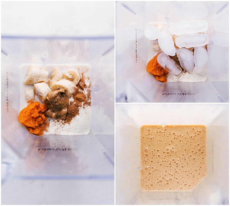 Process shot: adding ingredients and ice to blend into a Pumpkin Protein Shake.