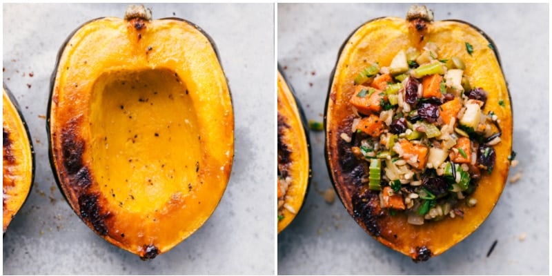 Process shots--roasted acorn squash halves; squash filled with stuffing