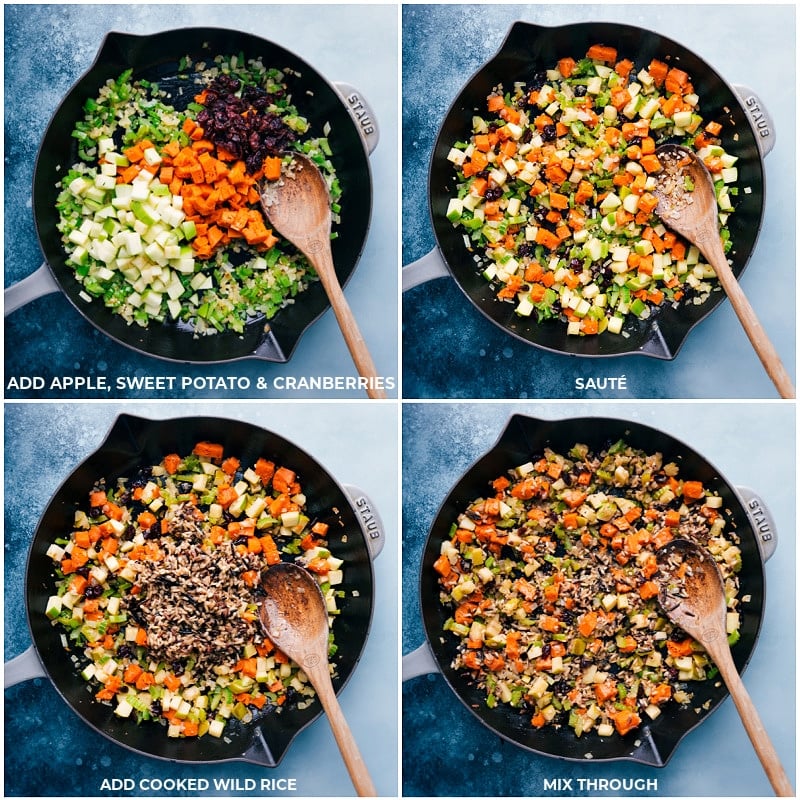 Process shots--ingredients in the pan; add cooked wild rice; mix well and simmer