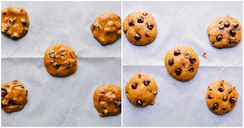 Cookie dough balls arranged on a baking sheet and freshly baked cookies right out of the oven.