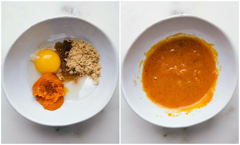 Combining the wet ingredients for small batch pumpkin chocolate chip cookies, a crucial step in the baking process.