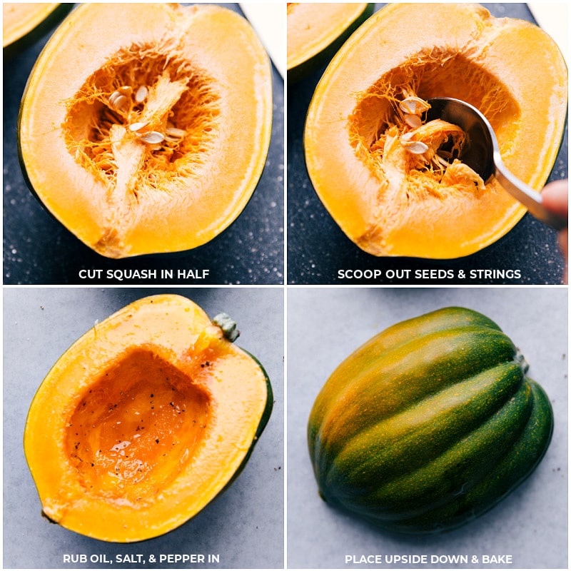 Process shots--cut acorn squash in half; scoop out seeds; rub with oil, salt and pepper; place upside down and bake.