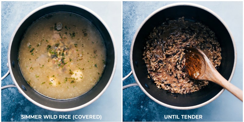 Process shots-- simmering wild rice; cooking until tender