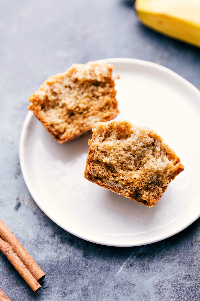 Image of one of the Healthy Banana Muffins split open showing the inside.