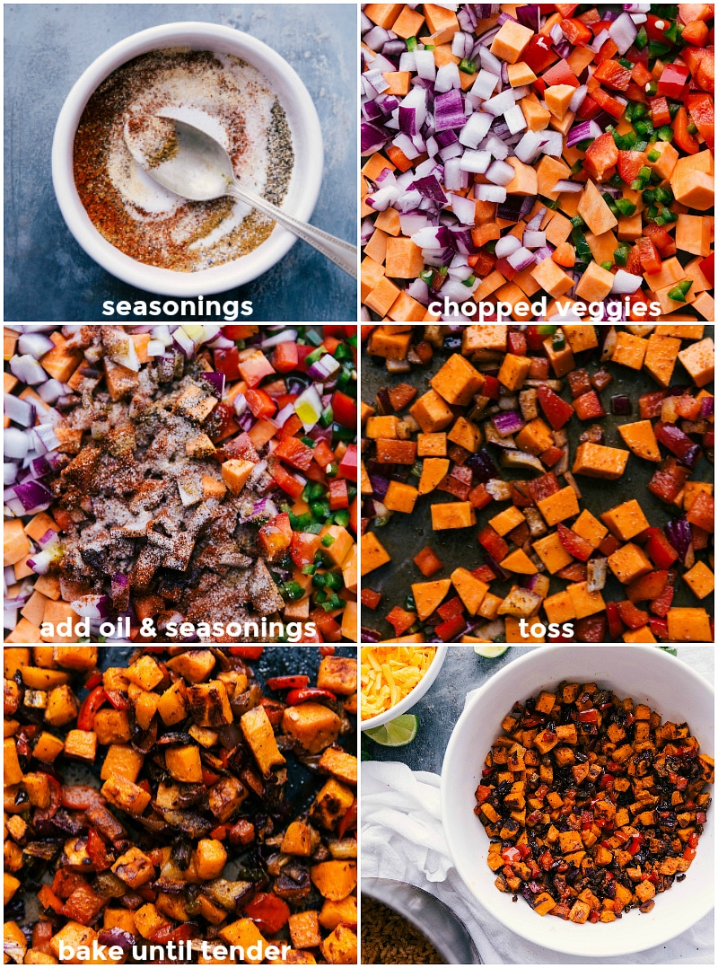 Combining seasonings, chopping veggies, adding oil and seasonings to the vegetables, tossing to combine, baking until tender, and serving.