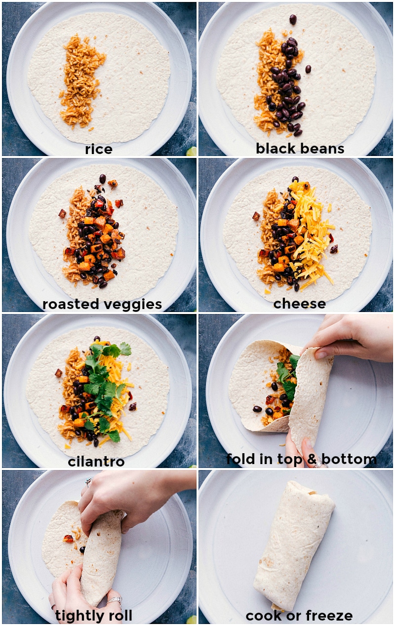 Assembling the healthy breakfast burritos by placing rice on a tortilla, adding black beans, piling on roasted veggies, sprinkling with shredded cheddar cheese, topping with cilantro, folding the tortilla over the filling, rolling it tightly, and cooking or freezing.
