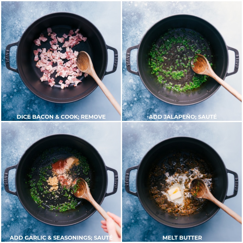 Process shots-- images of the bacon being cooked, jalapeño, garlic, seasonings, and butter being added and all sautéed together