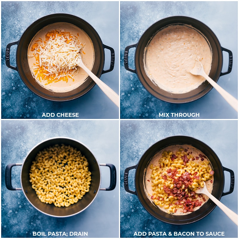 Process shots-- images of the cheese, cooked pasta, and bacon being added to the sauce