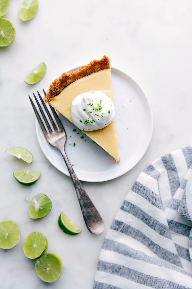 Overhead image of the ready-to-eat Key Lime Pie with a fork on the side.