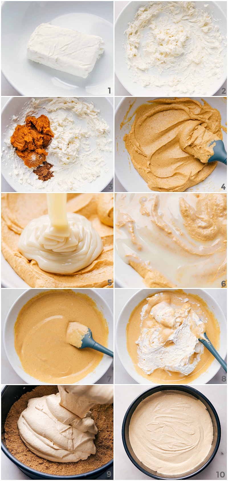 Process shots-- images of the filling of easy No-Bake Pumpkin Cheesecake being made.