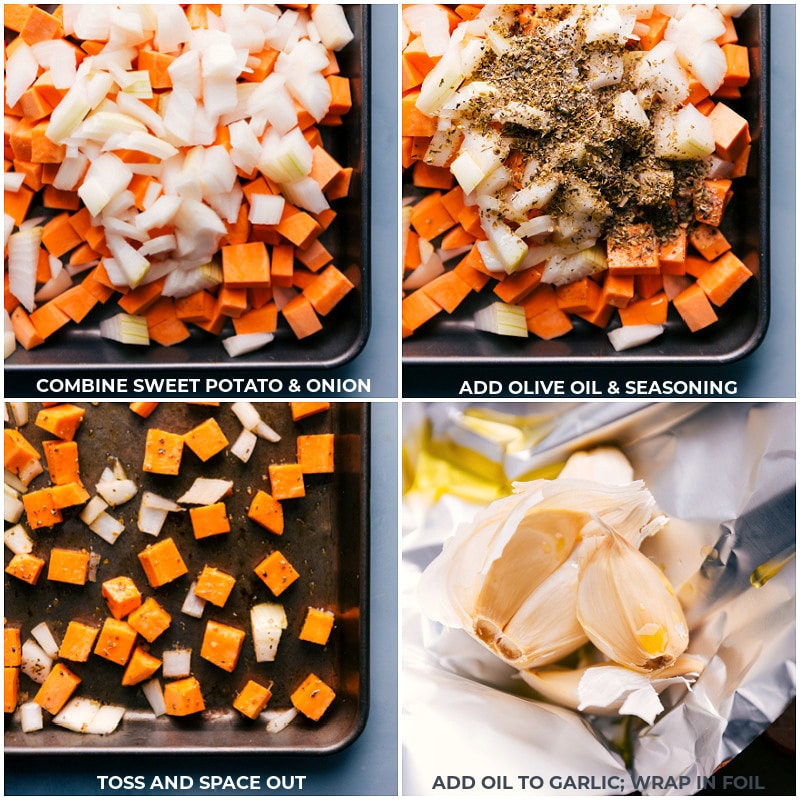 Process shots-- images of the sweet potatoes, onion, olive oil, seasonings, and garlic being added to a sheet pan and tossed together