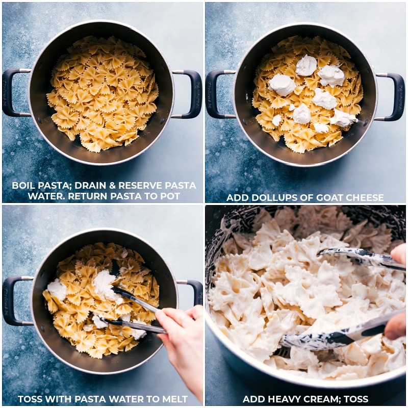 Process shots of Sweet Potato Pasta-- images of the pasta and goat cheese being mixed together and then heavy cream being tossed with it