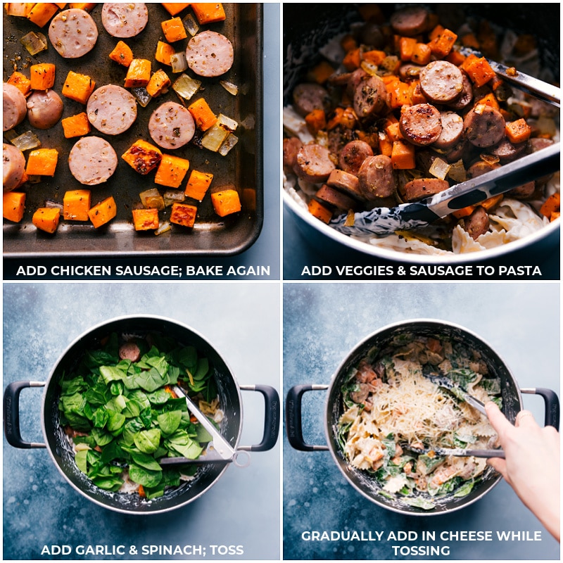 Process shots-- images of the veggies being roasted and then being added to the dish and tossed with the garlic, spinach, and cheese 