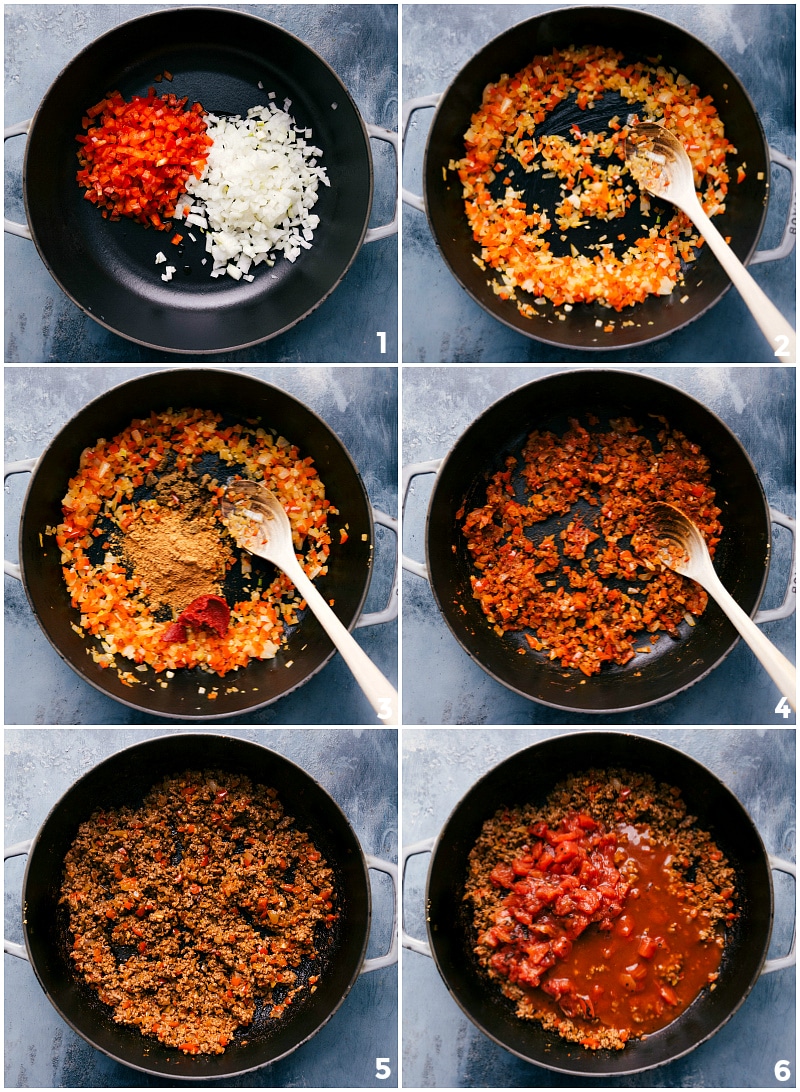 Process shots-- images of the fresh veggies being sauteed and mixed together with seasonings, the meat and tomato sauce.