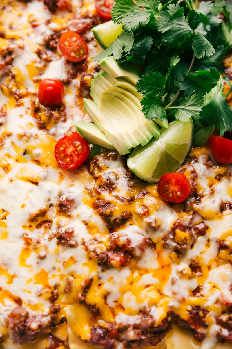 Up-close overhead image of the cheesy Taco Lasagna with the toppings.