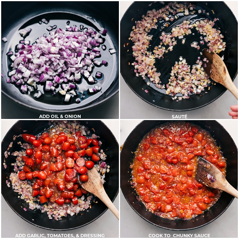 Process shots-- images of the onions being sautéed and then tomatoes, garlic, and dressing all being added to the pot