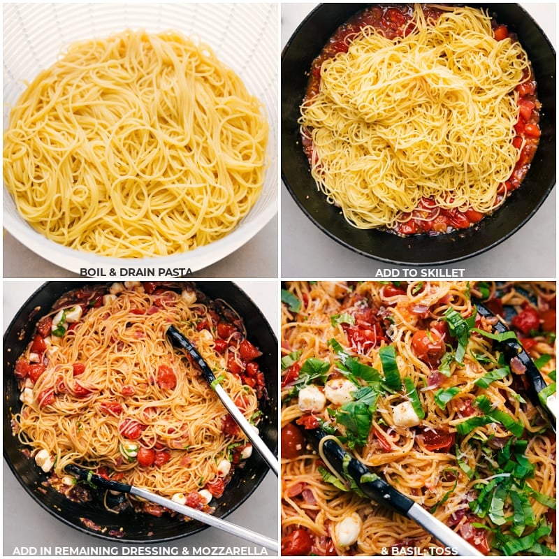 Process shots of Zesty Italian Pasta-- images of the noodles being cooked and added to the sauce