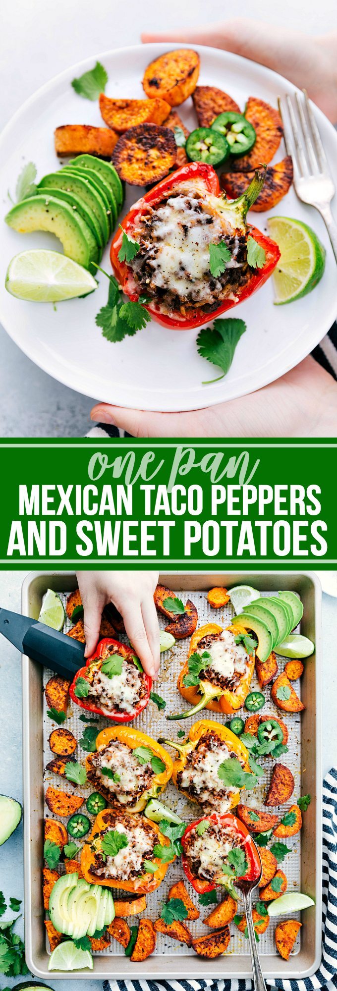 ONE PAN Mexican Taco Stuffed Sweet Peppers and sweet potatoes! Easy, delicious, and family friendly! via chelseasmessyapron.com #peppers #onepan #mexican #taco #stuffed #peppers #veggies #healthy #easy #quick