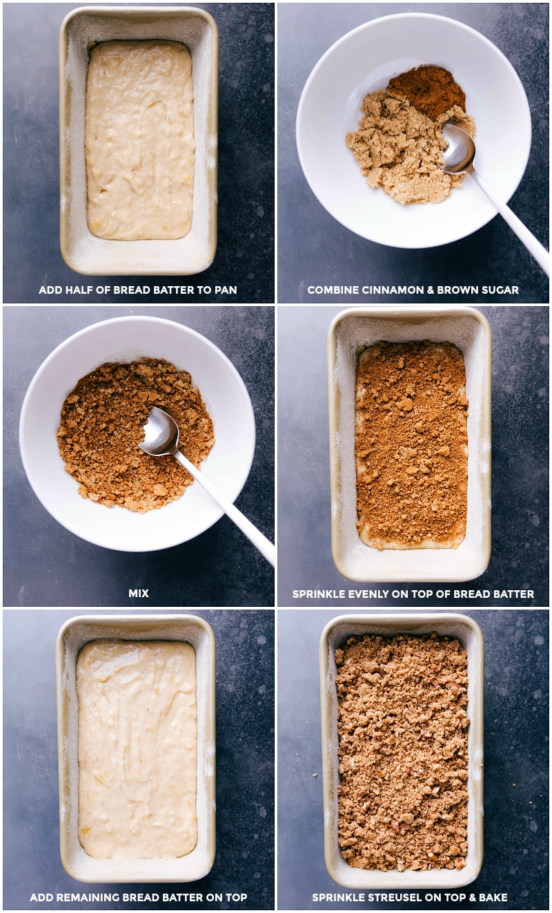 Process shots-- images of the batter being poured in the prepared pan; the cinnamon-sugar mixture being added in the middle; the streusel being added on top.
