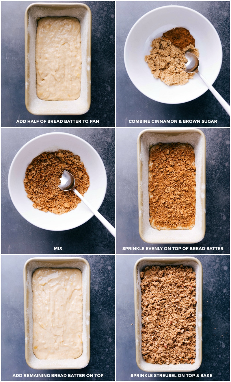 Batter being poured in the prepared pan; the cinnamon-sugar mixture being added in the middle; the streusel being added on top.