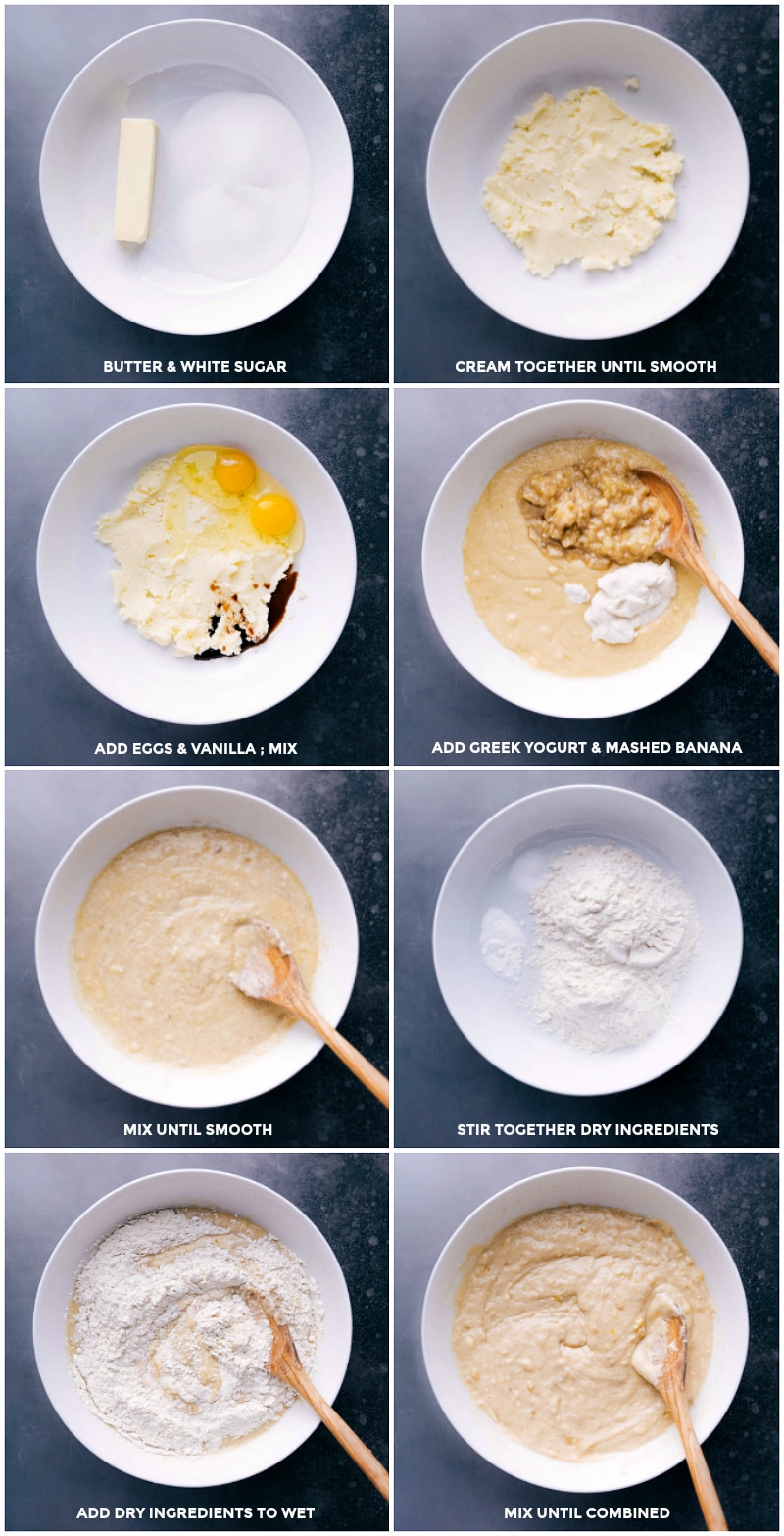 Process shots--images of the wet and dry ingredients being mixed together.