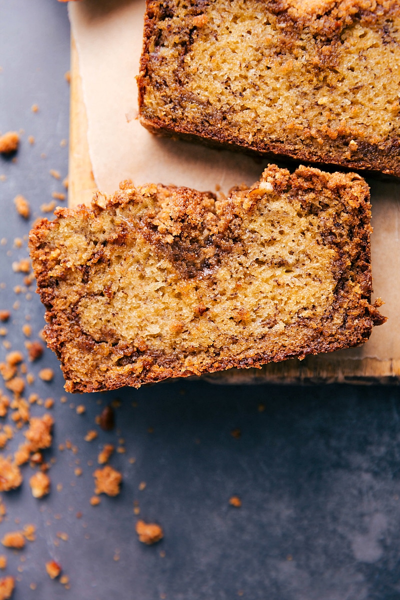 Up-close overhead image of Cinnamon-Banana Bread slices ready to be eaten.