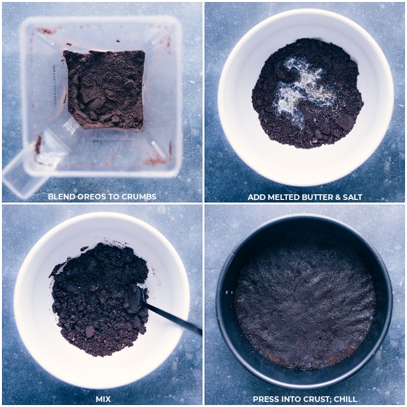 Process shots: Blend Oreos to crumbs; add melted butter and salt; mix; press to form a crust; chill.