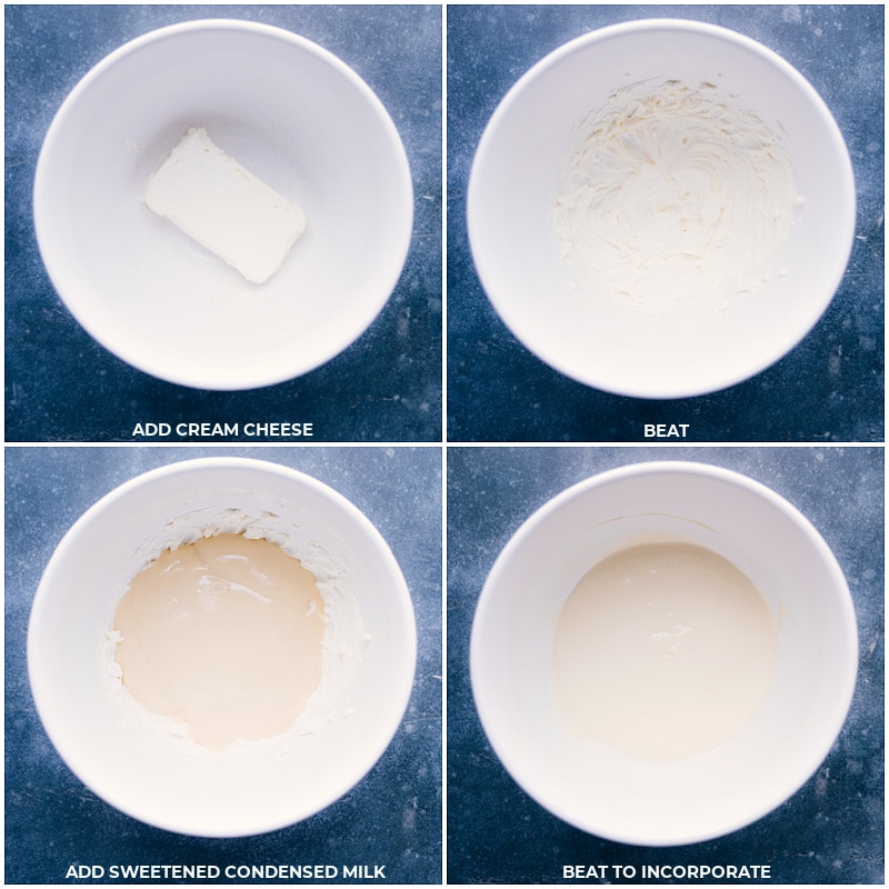 Process shots: Beat the softened cream cheese; add sweetened condensed milk; beat to incorporate.