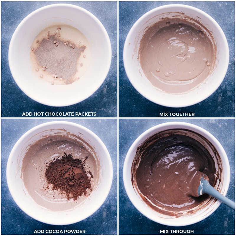 Process shots: Add hot chocolate packets and mix; add cocoa powder and mix through.