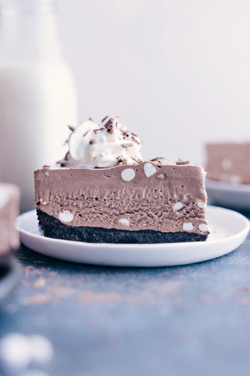 A slice of Frozen Hot Chocolate Cheesecake on a plate.