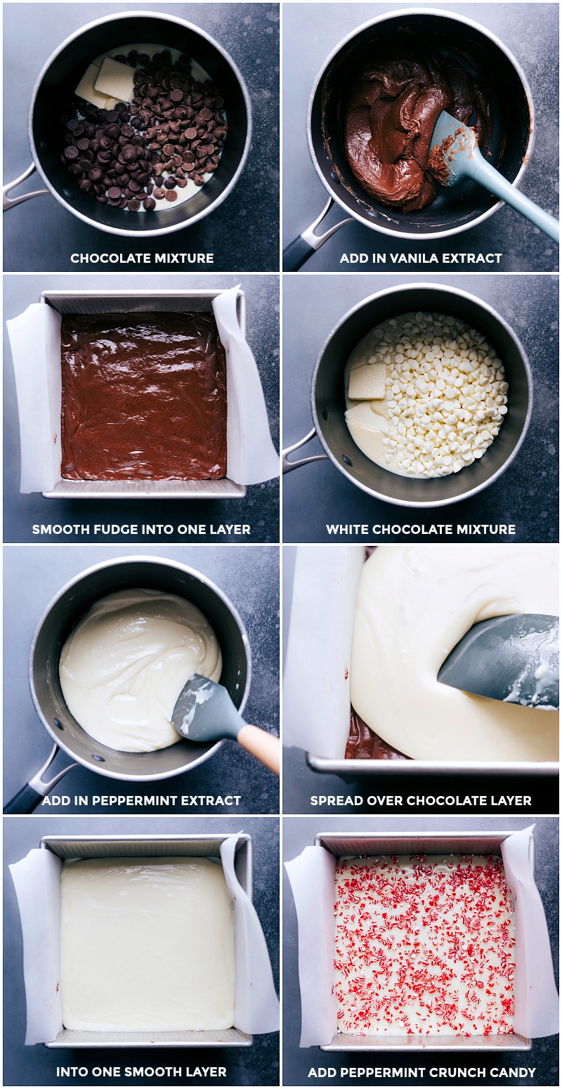 Peppermint fudge Chocolates being melted, prepped, and layered on top of each other.