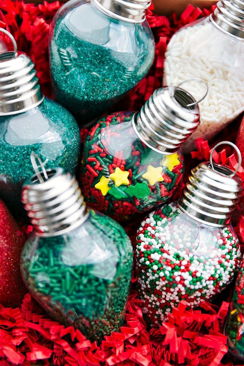 Close-up view of cookie sprinkles poured into mini ornaments