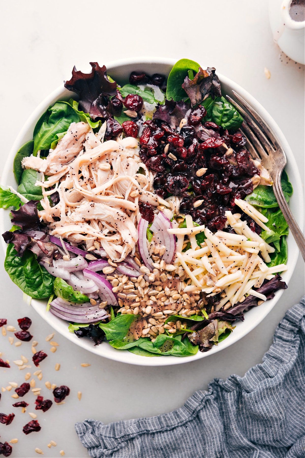 Giant Turkey Cranberry Salad freshly dressed ready to be enjoyed.