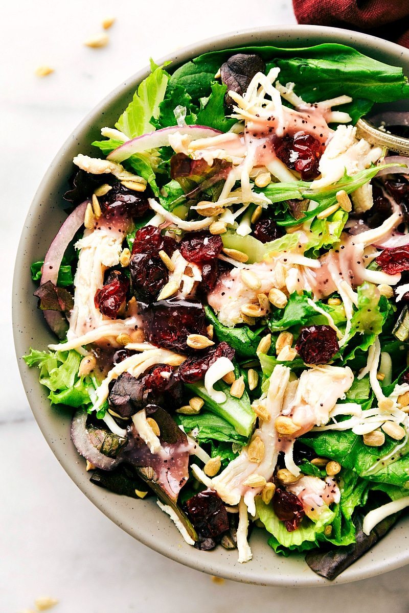 A good-for-you mixed greens salad topped with leftover turkey (or chicken), red onions, dried cranberries, and sunflower seeds Recipe via chelseasmessyapron.com