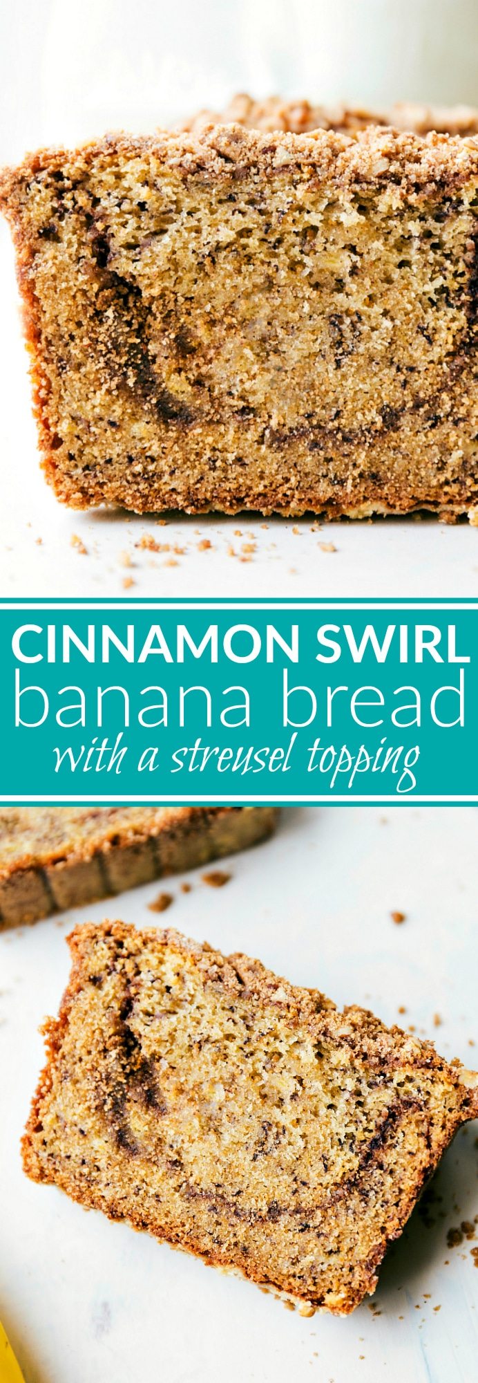 The best GREEK YOGURT Banana Bread!! A delicious and easy to make cinnamon-swirled banana bread with a sugared streusel topping. Recipe via chelseasmessyapron.com