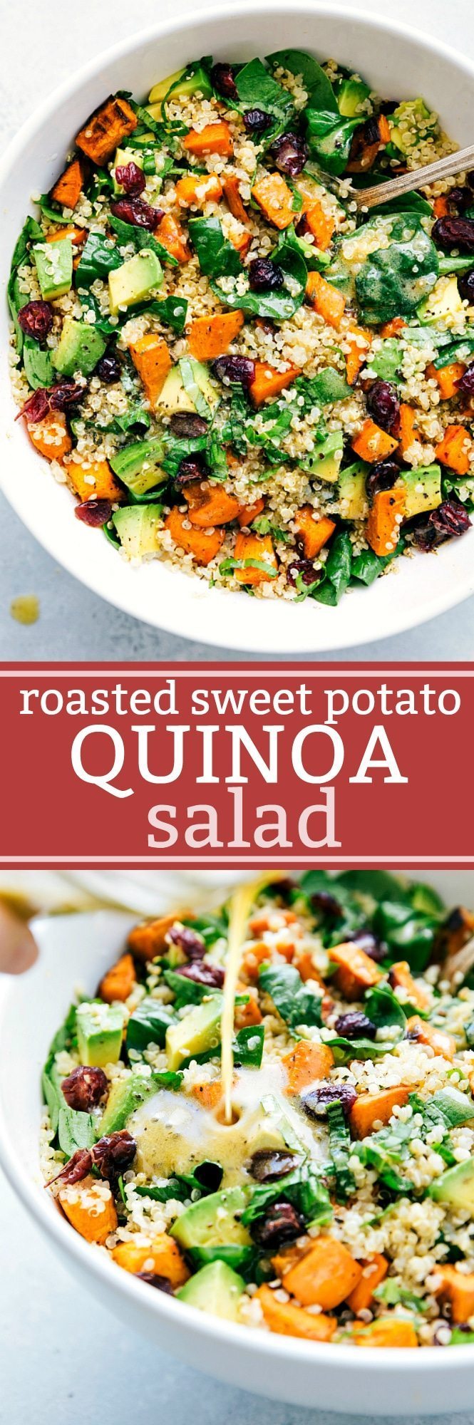 Roasted sweet potato and quinoa salad! Fresh and healthy roasted sweet potato and quinoa salad made with spinach and avocados. A healthy and delicious lemon vinaigrette dressing coats this salad. from chelseasmessyapron.com