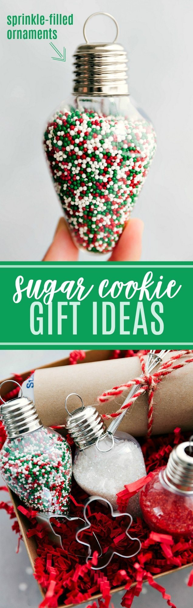 Tons of fun ideas for SUGAR COOKIE KITS. Great and simple gifts! Fill up small ornaments with sprinkles and gift them with some sugar cookie dough! via chelseasmessyapron.com