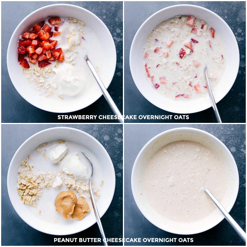 Ingredients for both variations (peanut butter and strawberry) added to a bowl, followed by mixing them together.