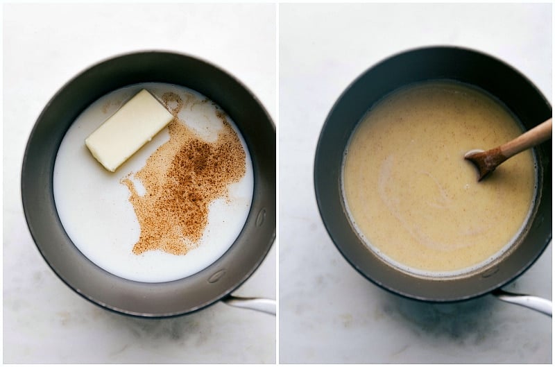 Ingredients (milk, butter, water, and vanilla) being simmered together in a pot.