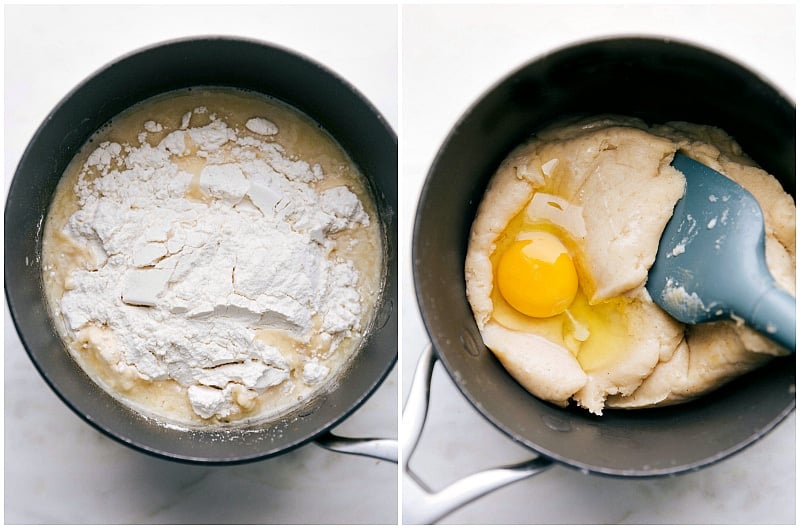 Process shots: more images of the dough being made; flour and eggs being added; and it all being mixed together in a sauce pan.