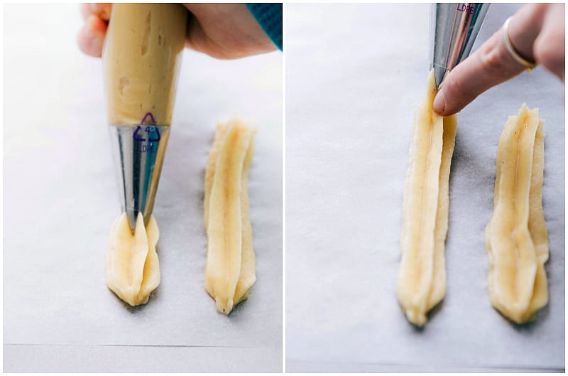 Images of Churro dough being piped onto a parchment paper-lined tray to demonstrate their general appearance.