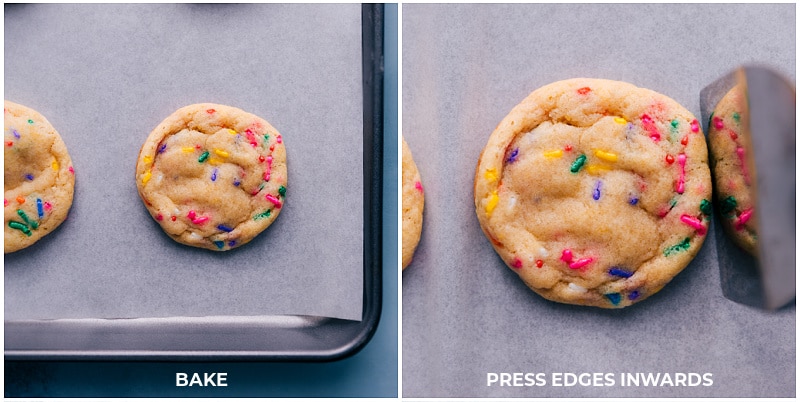 Pressing the cookie edges inward immediately after coming out of the oven